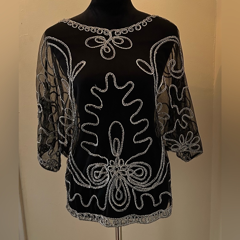 ModeLia Black with White & Silver Sparkle Embroidered Overlay Boutique Tunic Top